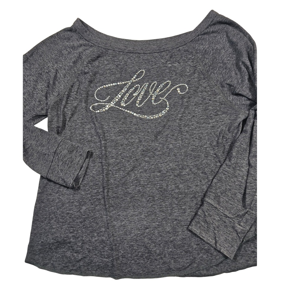 Victorias Secret Love Rhinestone Boat Neck Top Gray Heather Long Sleeve Medium